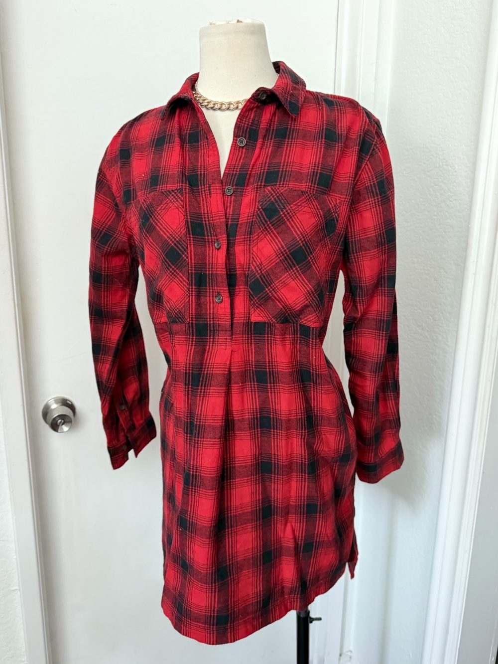 Red and Black Plaid Long Sleeve Shirt Dress